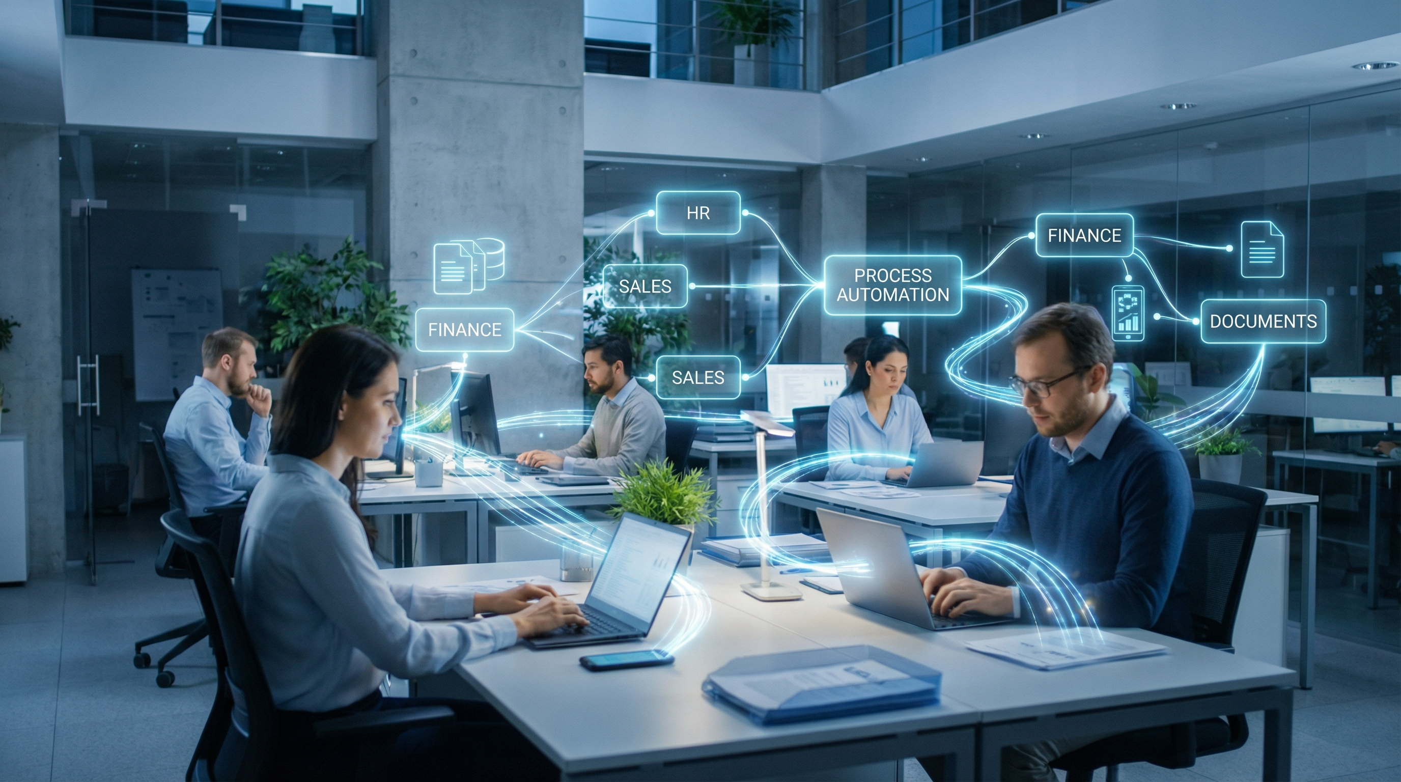 Business process automation workflow diagram connecting departments