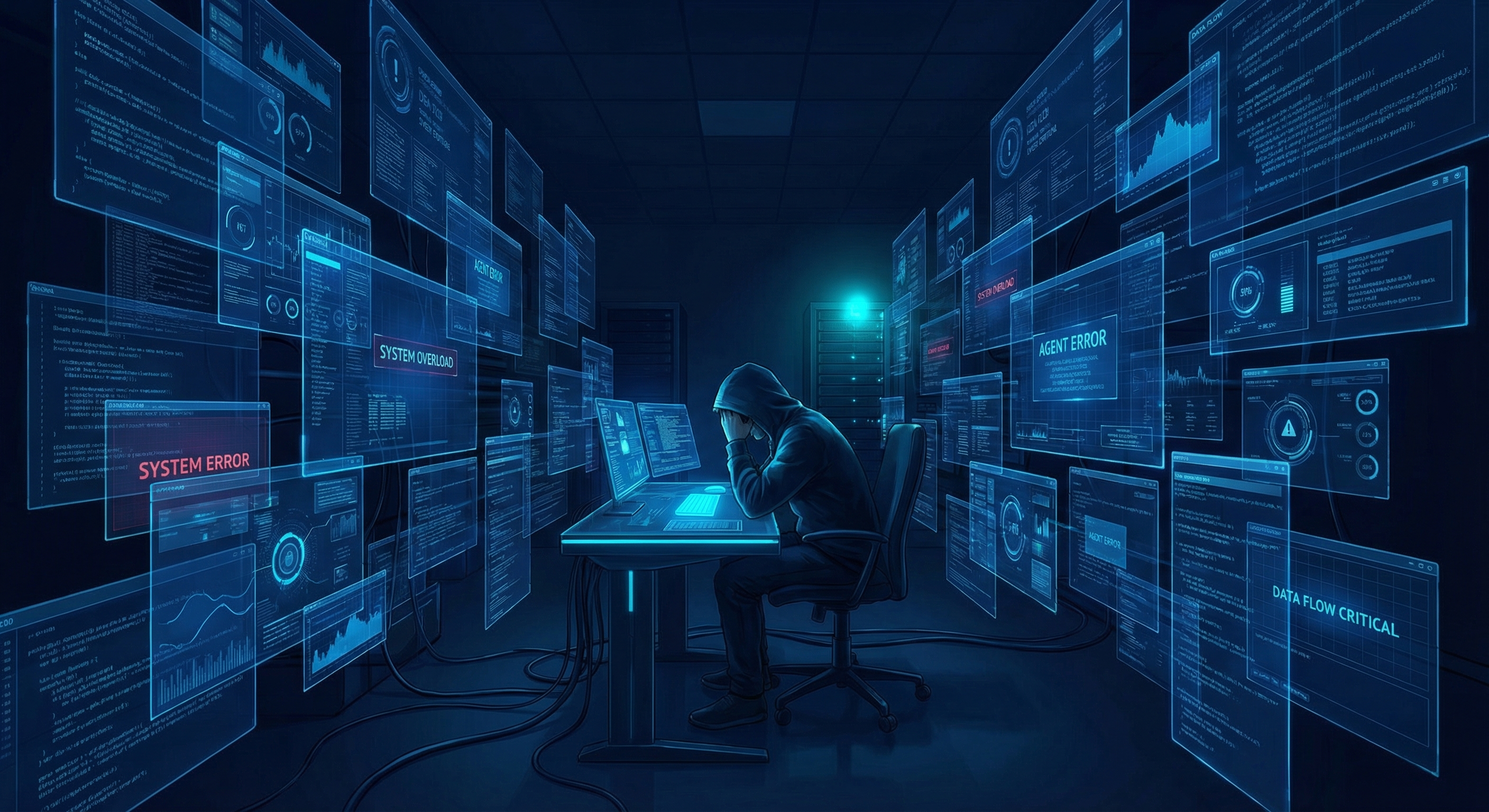 Person overwhelmed by too many AI agents and automation dashboards