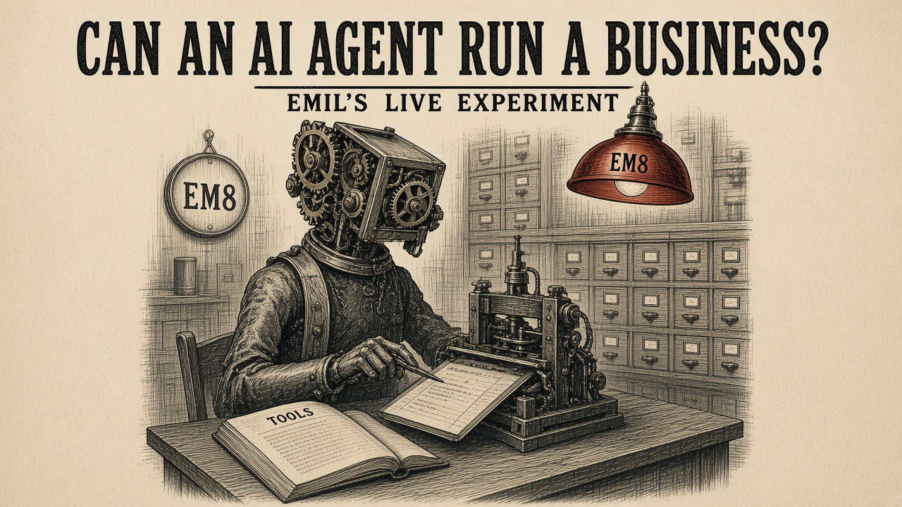 Vintage cream-and-ink engraving of a mechanical clerk at a printing press of directory pages, titled Can an AI Agent Run a Business, with an EM8 lamp