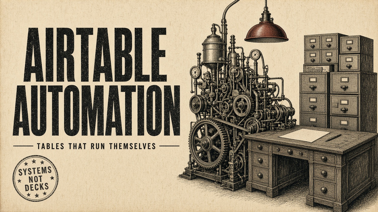 Vintage crème-och-bläck verkstad med Airtable Automation-titel, industrimaskin, kartotek och systems-not-decks-sigill