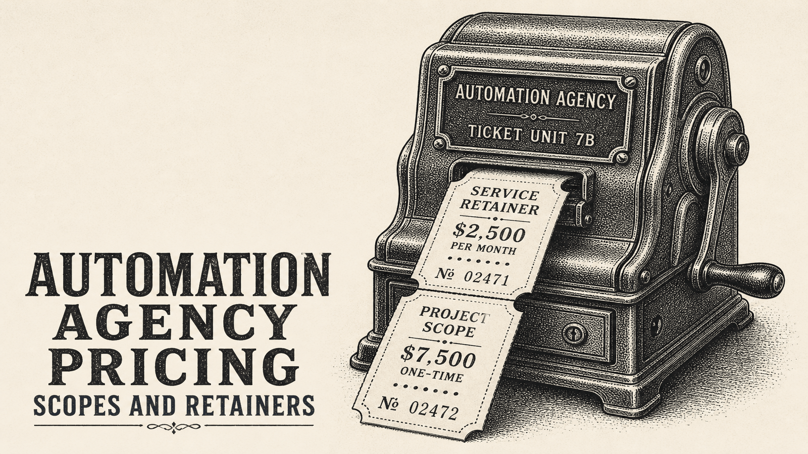 Vintage ticket machine dispensing retainer and project-scope tickets