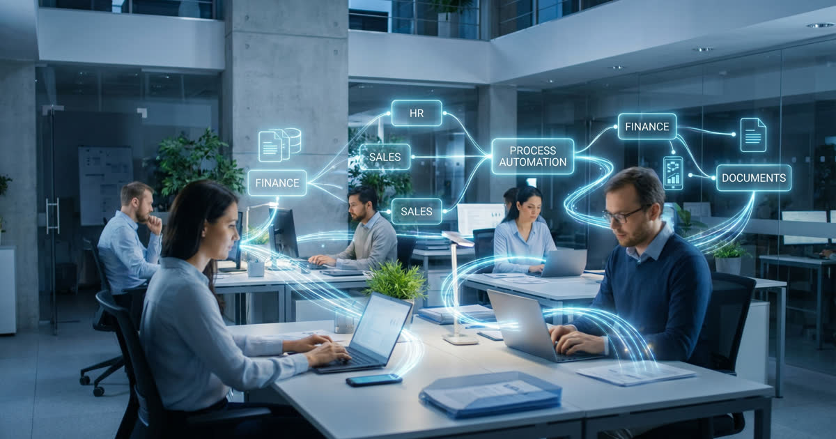 Business process automation diagram showing workflow connections across finance, HR, and sales departments