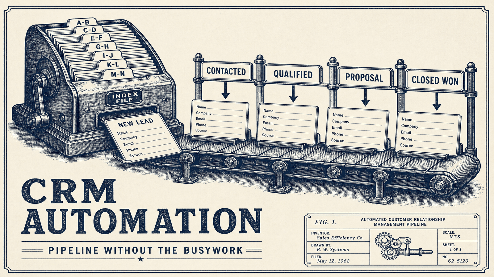 Vintage rotary card file feeding a sales pipeline conveyor