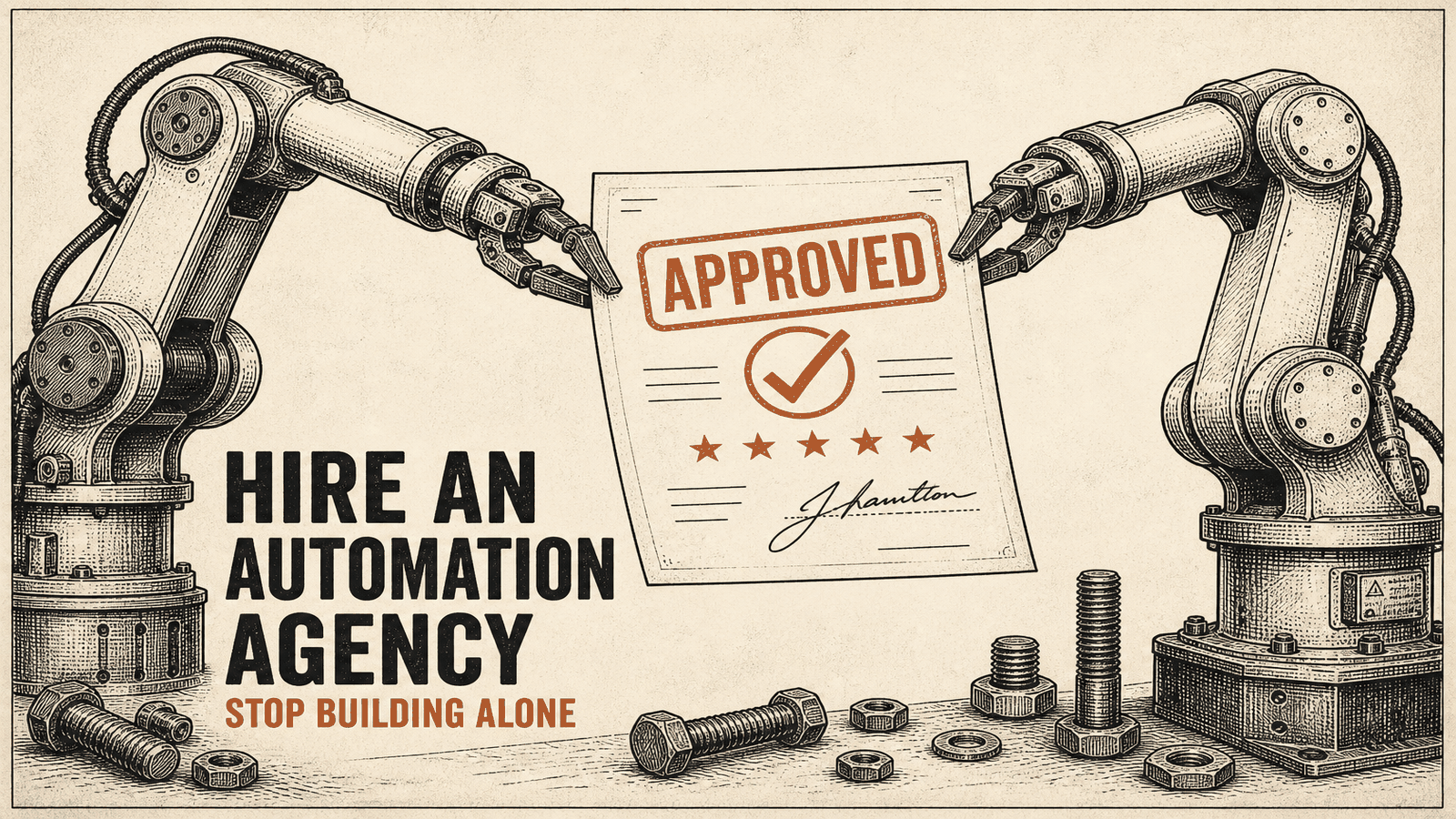 Two vintage robotic arms holding an approved document
