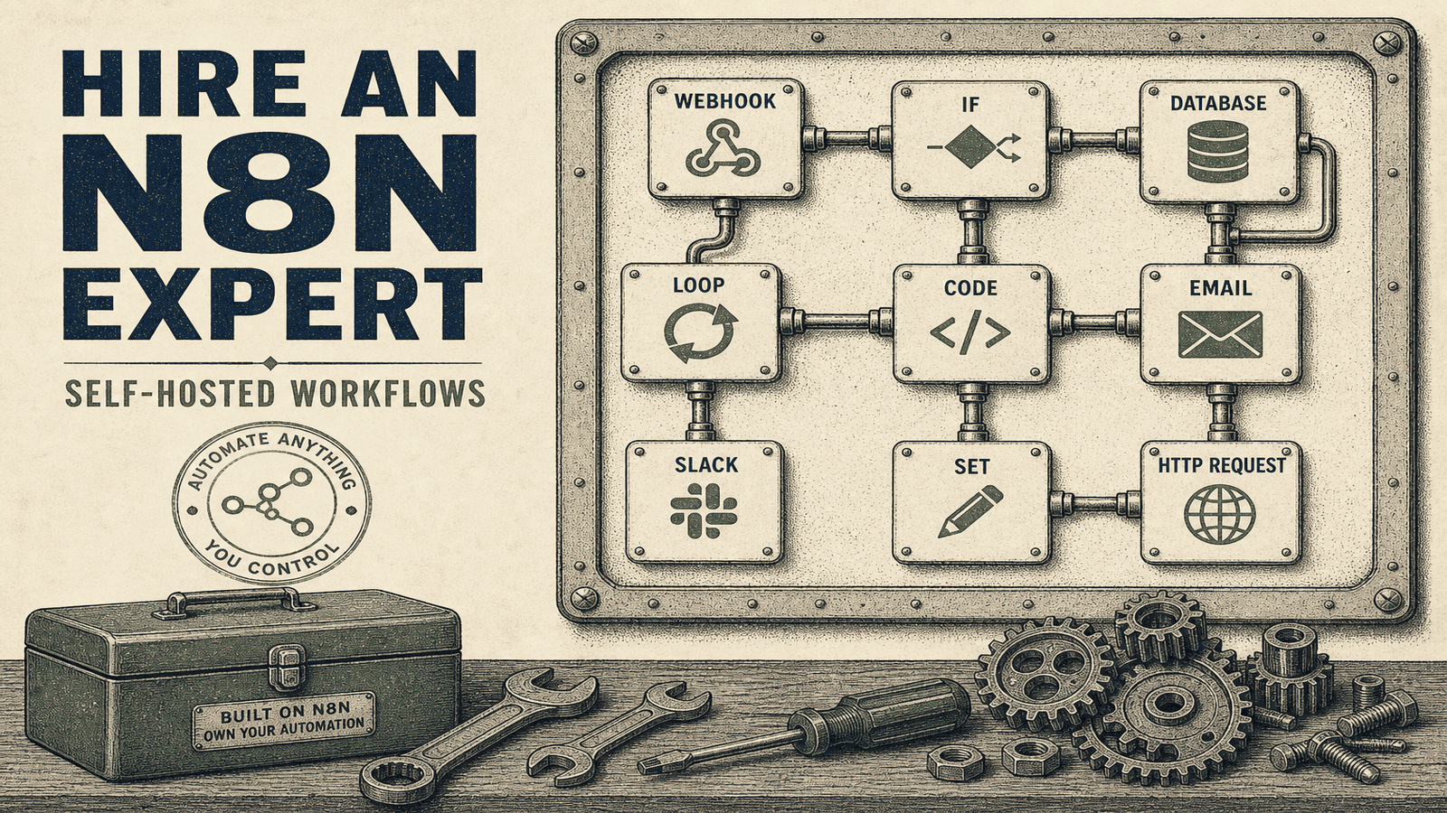 Vintage n8n toolbox and piped workflow diagram