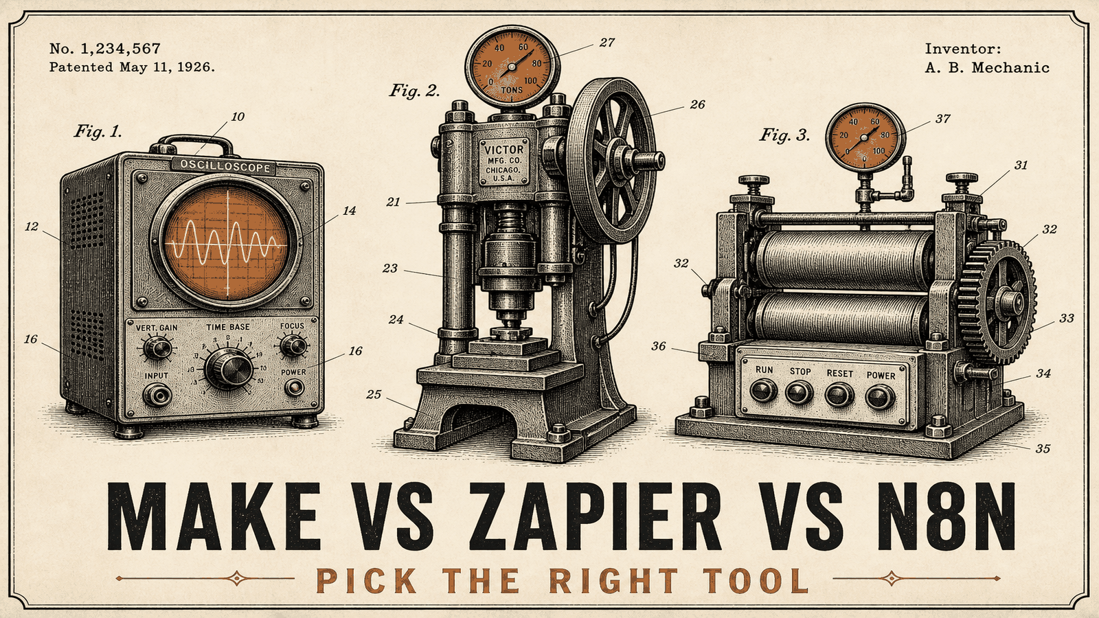 Three vintage industrial machines standing in a row