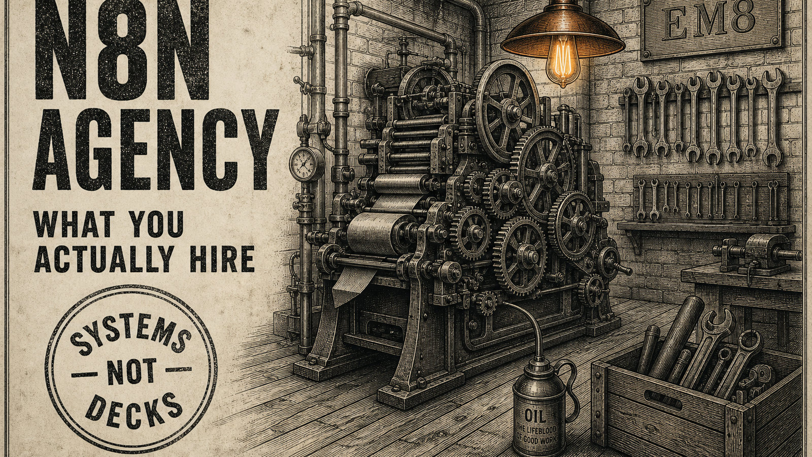 Vintage cream-and-ink workshop hero with n8n agency title, systems-not-decks seal, and an industrial machine under an EM8 lamp
