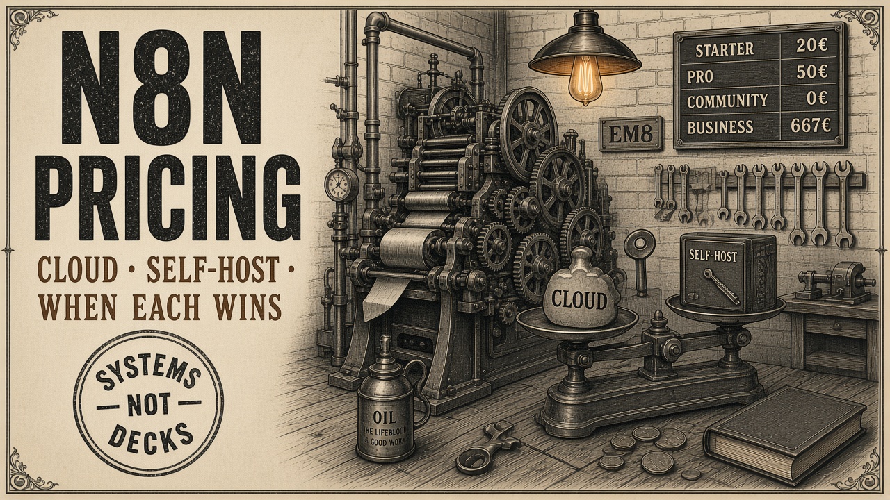 Vintage cream-and-ink counting-house hero with n8n pricing title, cloud vs self-host scale, and a tariff board under an EM8 lamp