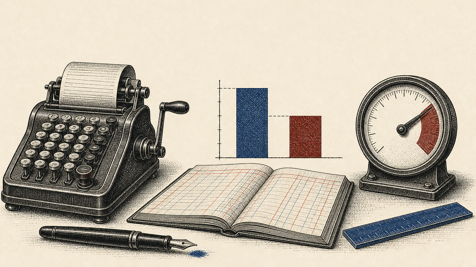 Vintage träsnitt av en räknemaskin, öppen liggare, stapeldiagram och analog mätare.