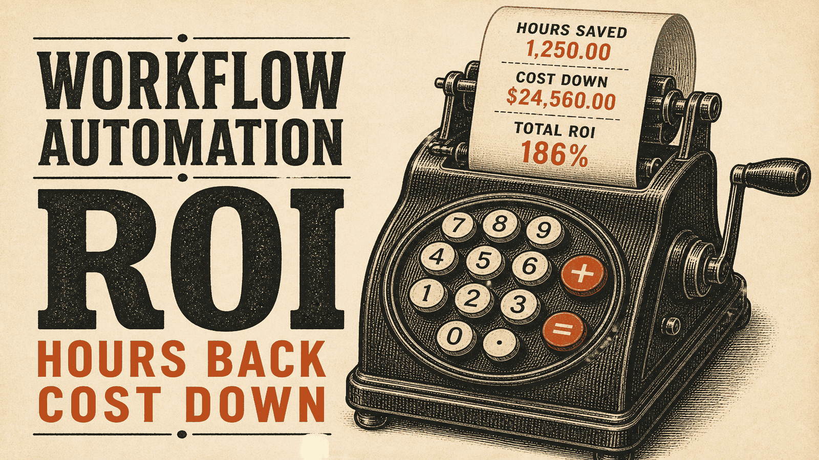 Vintage adding machine printing hours saved, cost down, and total ROI